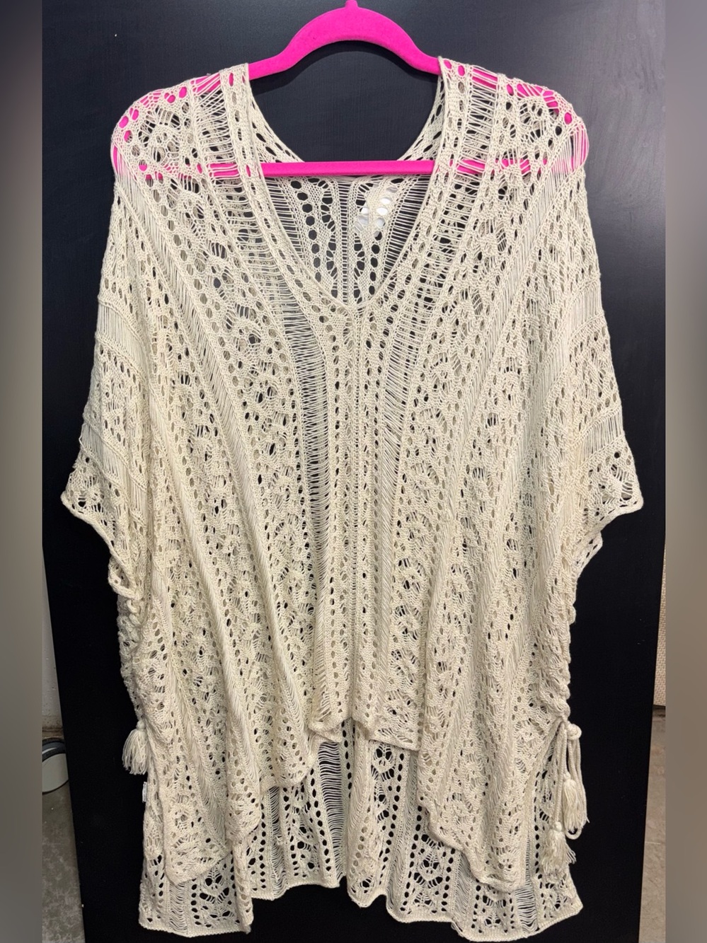 Boho Crochet Lace V-Neck Swim Cover Up Tunic Poncho with Tassels OS